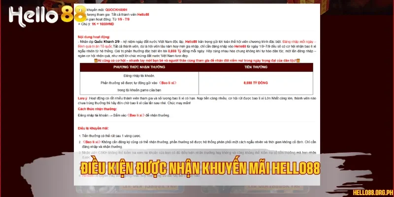 Điều kiện được nhận khuyến mãi Hello88